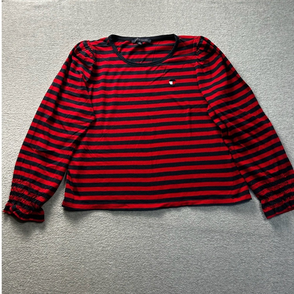 Tommy Hilfiger Womens XL‎ Red Navy Striped Puff Sleeve Smocked Cuff Top